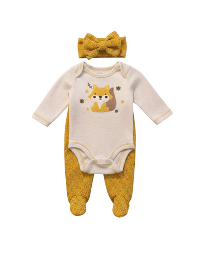 Calla Lily Cosmetics + CL kids Sterling Baby 3 Piece Fox Set: white long sleeve onesie with fox applique, yellow floral pants, and matching headband. 60% Cotton, 40% Polyester.
