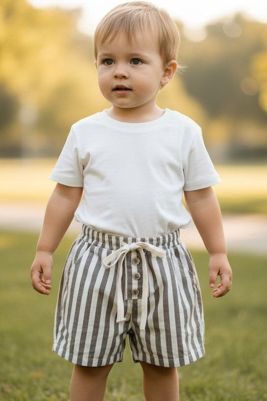 Calla Lily Cosmetics + CL kids brown and white striped 100% cotton baby shorts with drawstring and button detail.