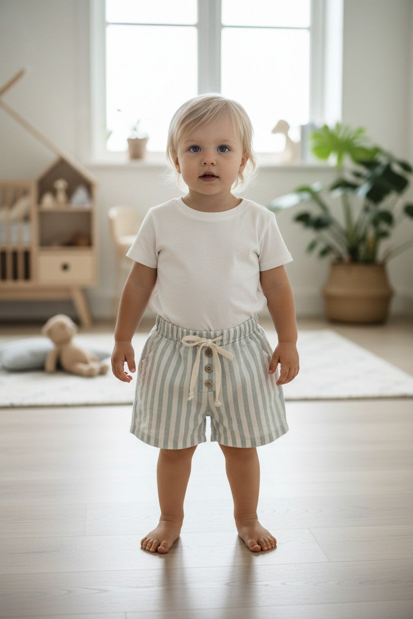 Calla Lily Cosmetics + CL kids light blue and white striped 100% cotton baby shorts with drawstring and button detail.