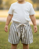 Calla Lily Cosmetics + CL kids brown and white striped 100% cotton baby shorts with drawstring and button detail.