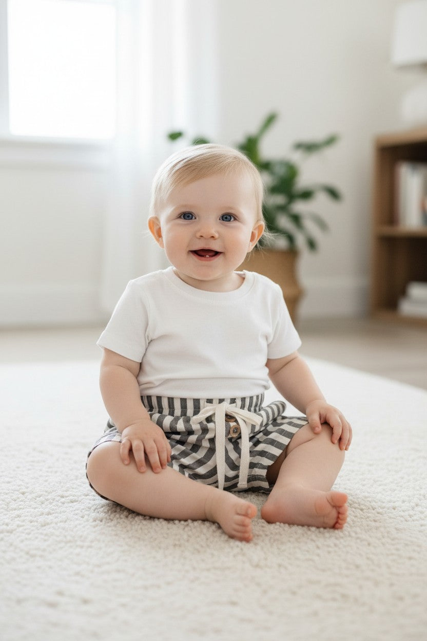 Calla Lily Cosmetics + CL kids striped baby shorts in 100% cotton. Features a drawstring waist and button detail.