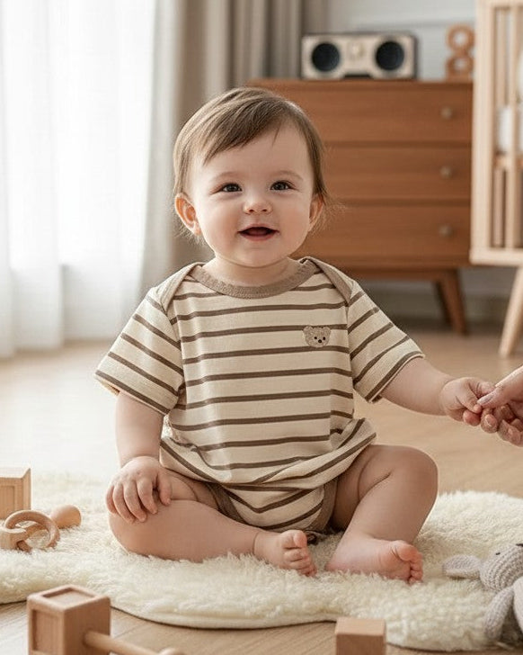 Calla Lily Cosmetics + CL kids beige and brown striped cotton spandex baby romper with embroidered bear detail.