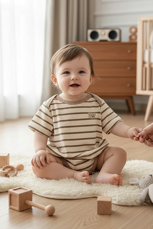 Calla Lily Cosmetics + CL kids beige and brown striped cotton spandex baby romper with embroidered bear detail.