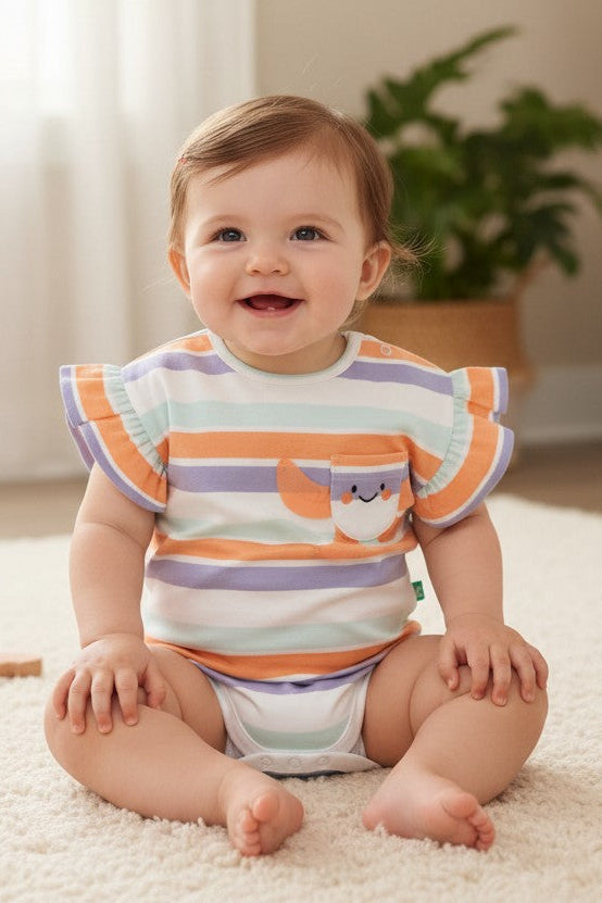 Calla Lily Cosmetics + CL kids striped cotton bodysuit with ruffled sleeves and a smiling octopus pocket detail.
