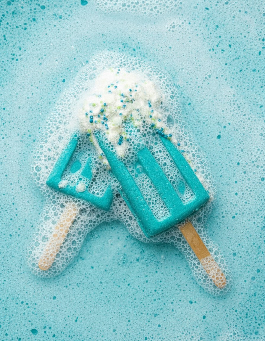 Calla Lily Cosmetics + CL kids teal popsicle bath bomb fizzing in water with floral scent and nourishing cocoa butter