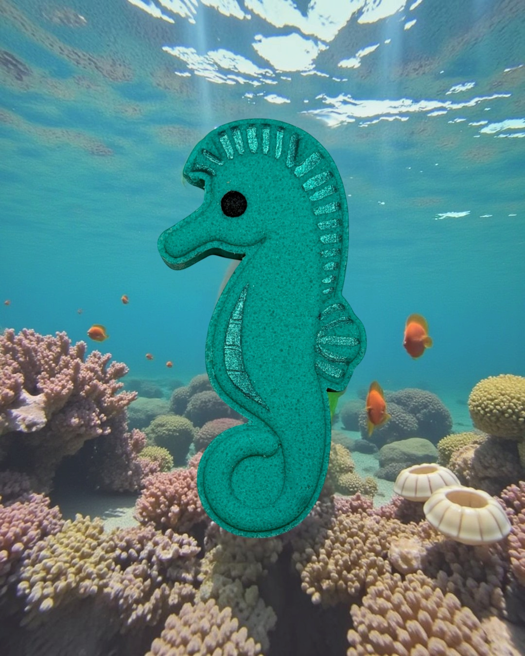 Calla Lily Cosmetics + CL kids teal seahorse-shaped bath bomb with floral scent and moisturizing cocoa butter