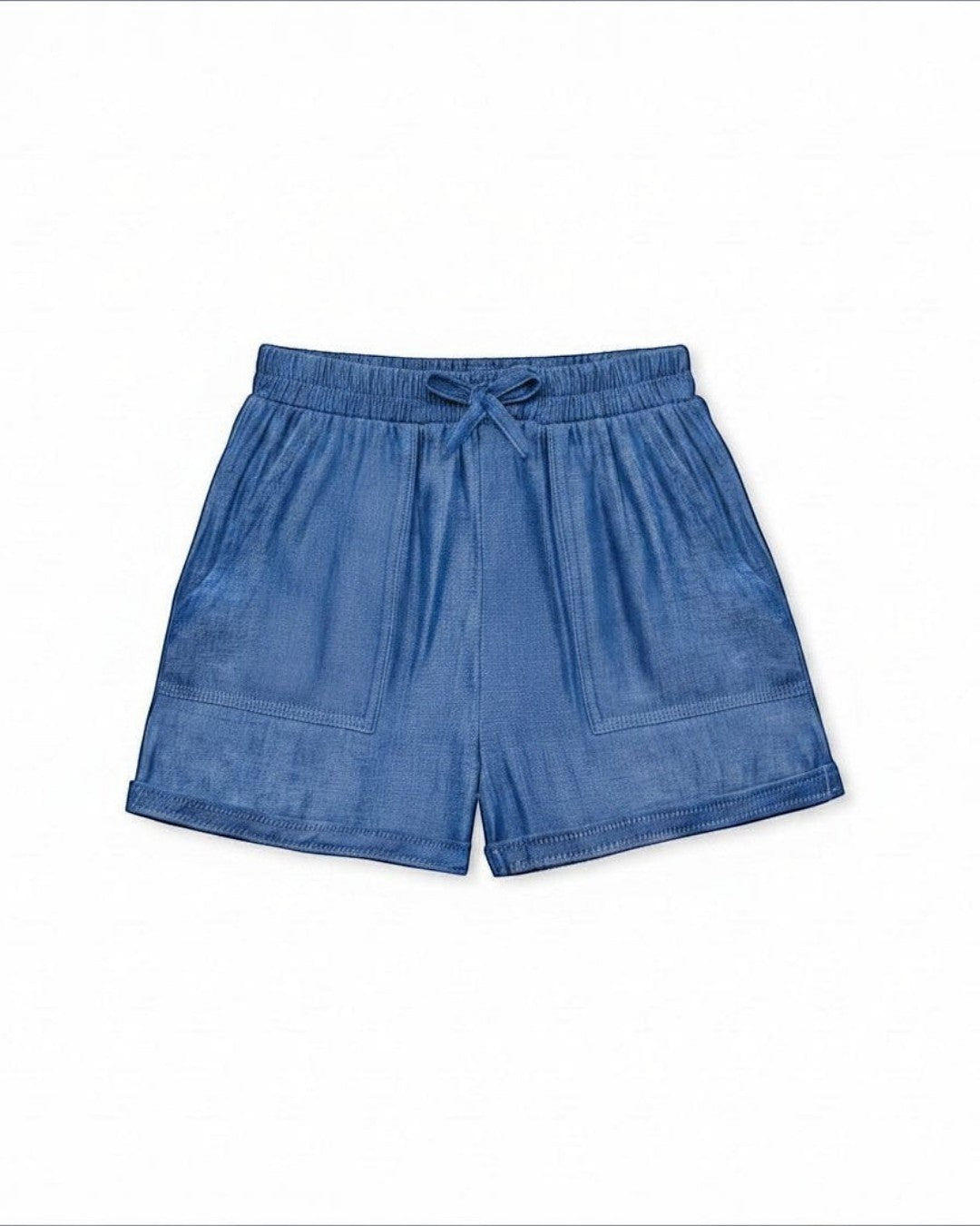 Calla Lily Cosmetics + CL kids toddler light blue ribbed knit top with lace trim and bow, paired with denim shorts. Cotton blend.