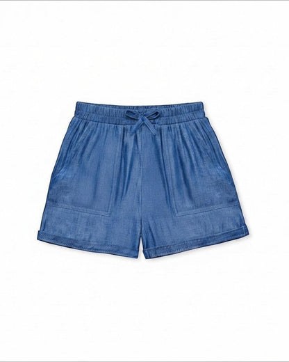 Calla Lily Cosmetics + CL kids toddler light blue ribbed knit top with lace trim and bow, paired with denim shorts. Cotton blend.