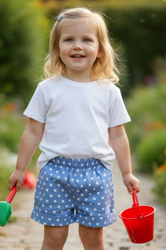 Calla Lily Cosmetics + CL kids toddler blue polka dot 100% cotton shorts with elastic waistband and cuffed hems.