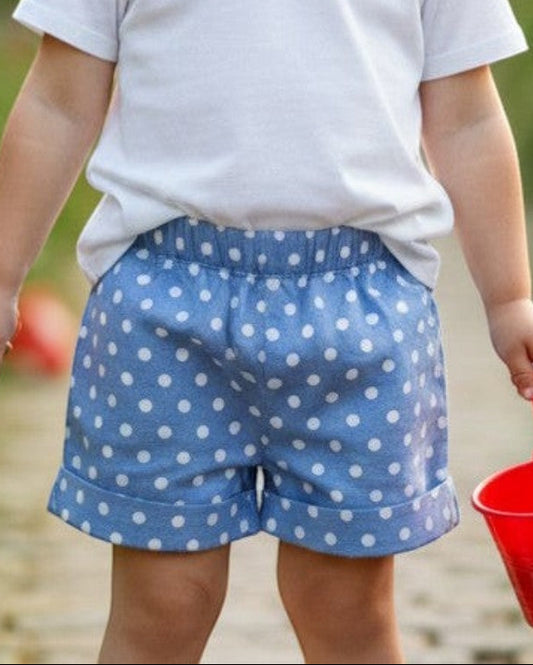 Calla Lily Cosmetics + CL kids toddler blue polka dot 100% cotton shorts with elastic waistband and cuffed hems.