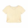 Calla Lily Cosmetics + CL kids toddler yellow ribbed knit top with lace trim and bow, paired with blue chambray shorts.