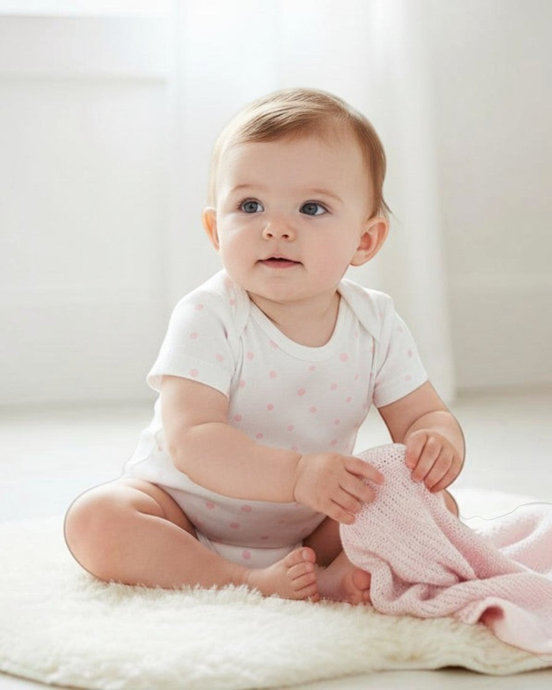 White baby bodysuit with pink polka dots on a white background