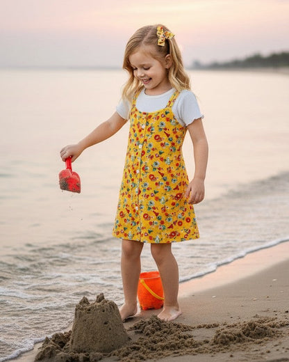 Calla Lily Cosmetics + CL kids yellow floral rayon dress with white ribbed tee and matching scrunchie. Toddler girl on beach.