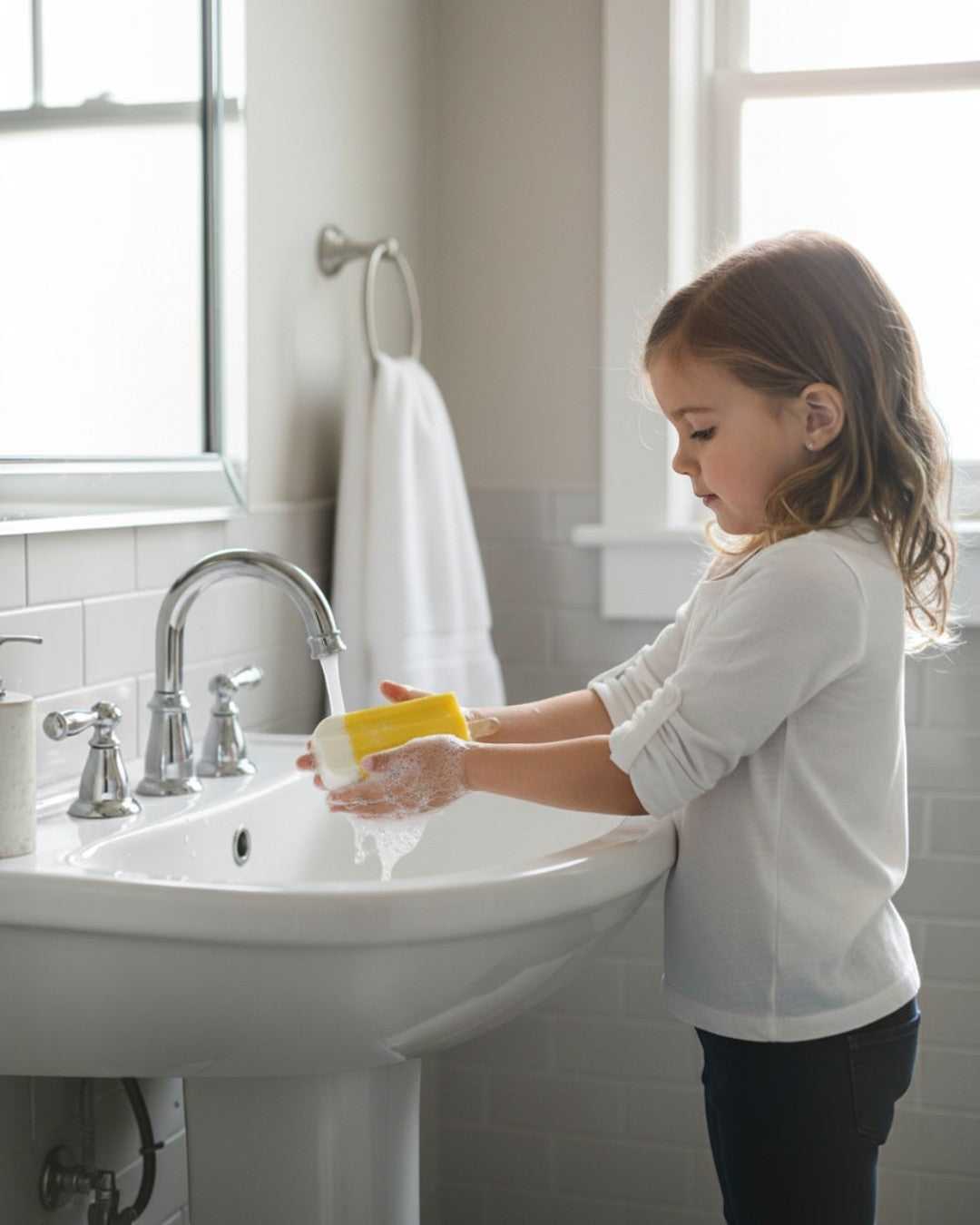 Young girl washing hands with a yellow Calla Lily Cosmetics + CL kids popsicle-shaped shea butter soap at a sink.