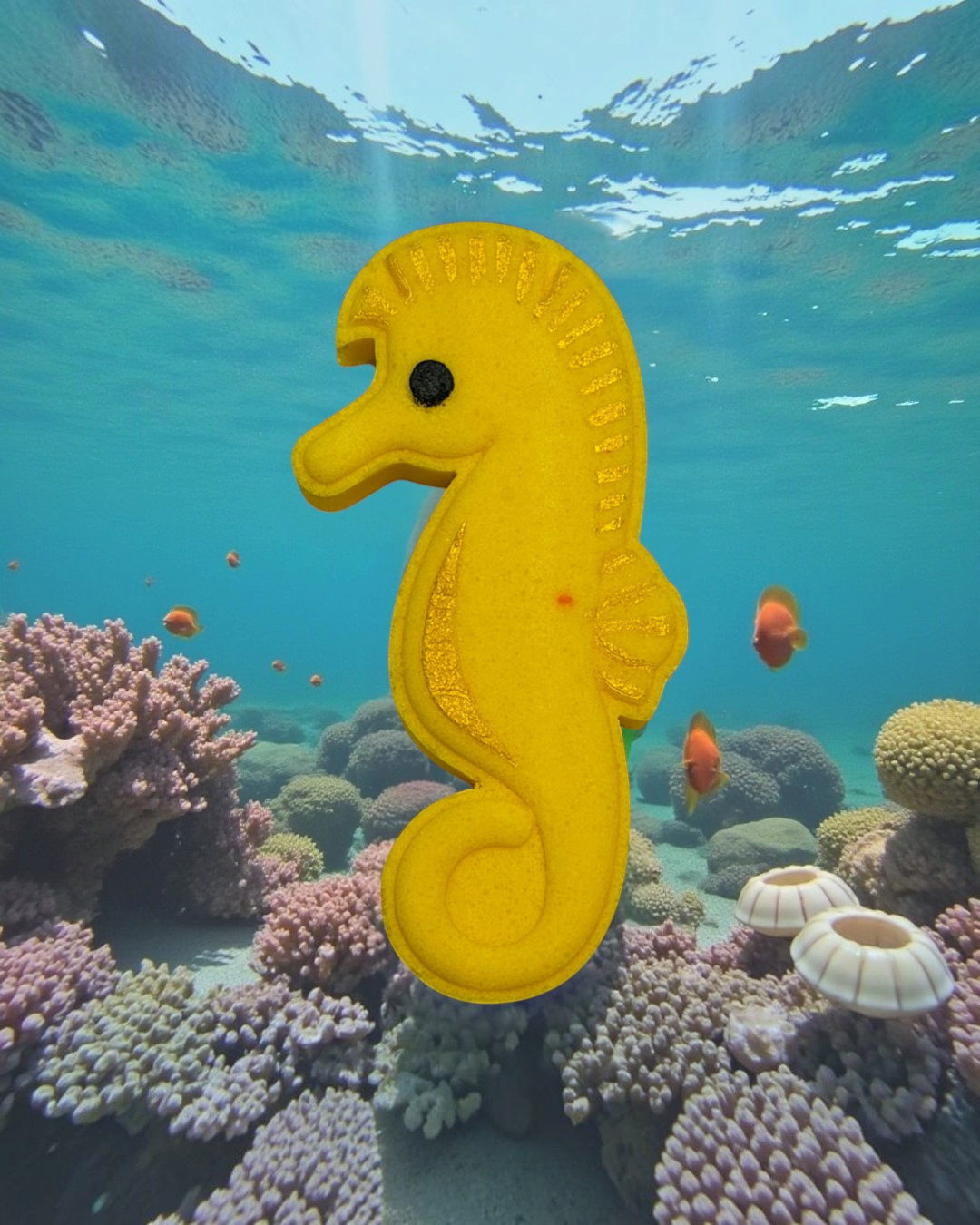 Calla Lily Cosmetics + CL kids yellow seahorse bath bomb with moisturizing cocoa butter and coconut oil