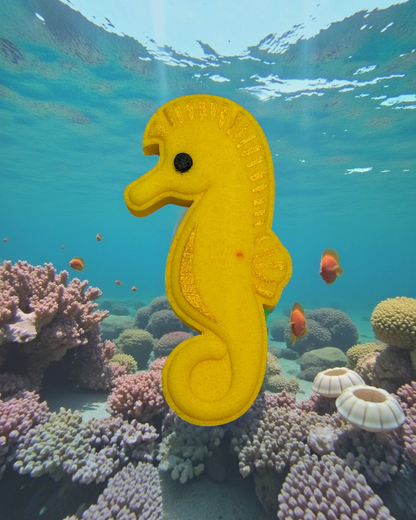 Calla Lily Cosmetics + CL kids yellow seahorse bath bomb with moisturizing cocoa butter and coconut oil