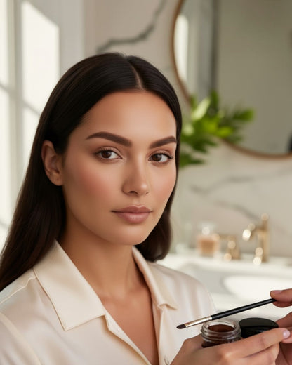 Calla Lily Cosmetics Eva dark brown brow pomade gel with brush. Model with defined brows.