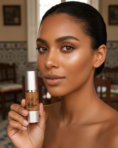 Calla Lily Cosmetics Havana Foundation in Golden Beige, a medium to full coverage liquid mineral makeup with a silver pump dispenser.