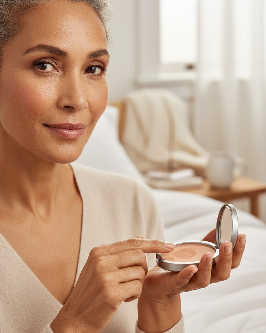 Calla Lily Cosmetics Honey Pressed Mineral Foundation in Medium Tan / Peach. Feather-light, talc-free powder for a natural, lasting look.
