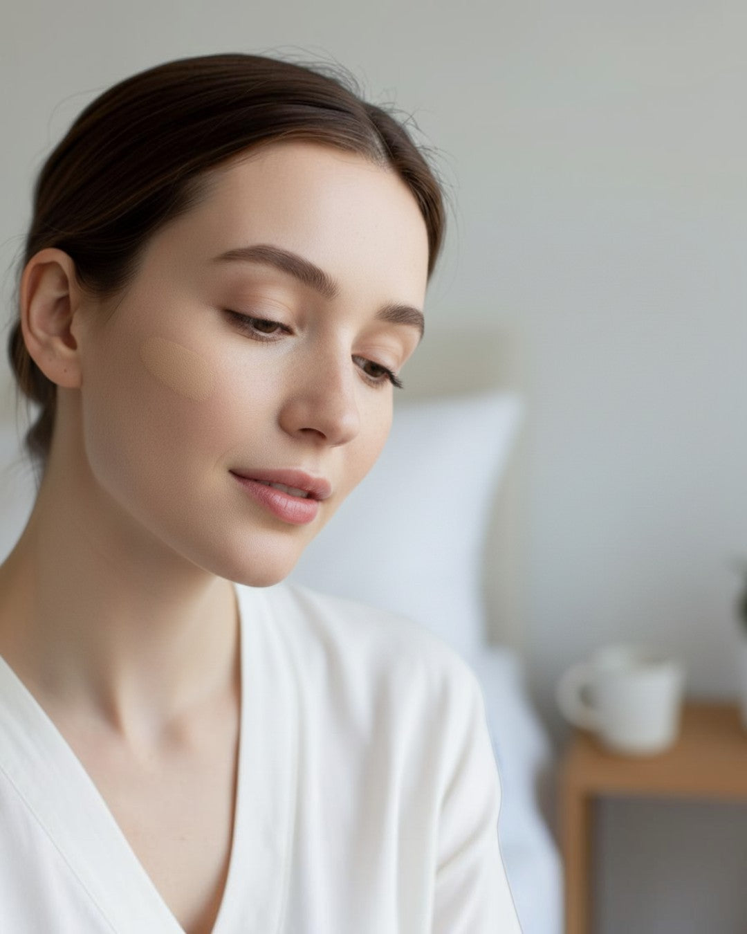 Calla Lily Cosmetics Pressed Mineral Foundation in Ivory shade, applied to model's cheek. Lightweight, talc-free powder.