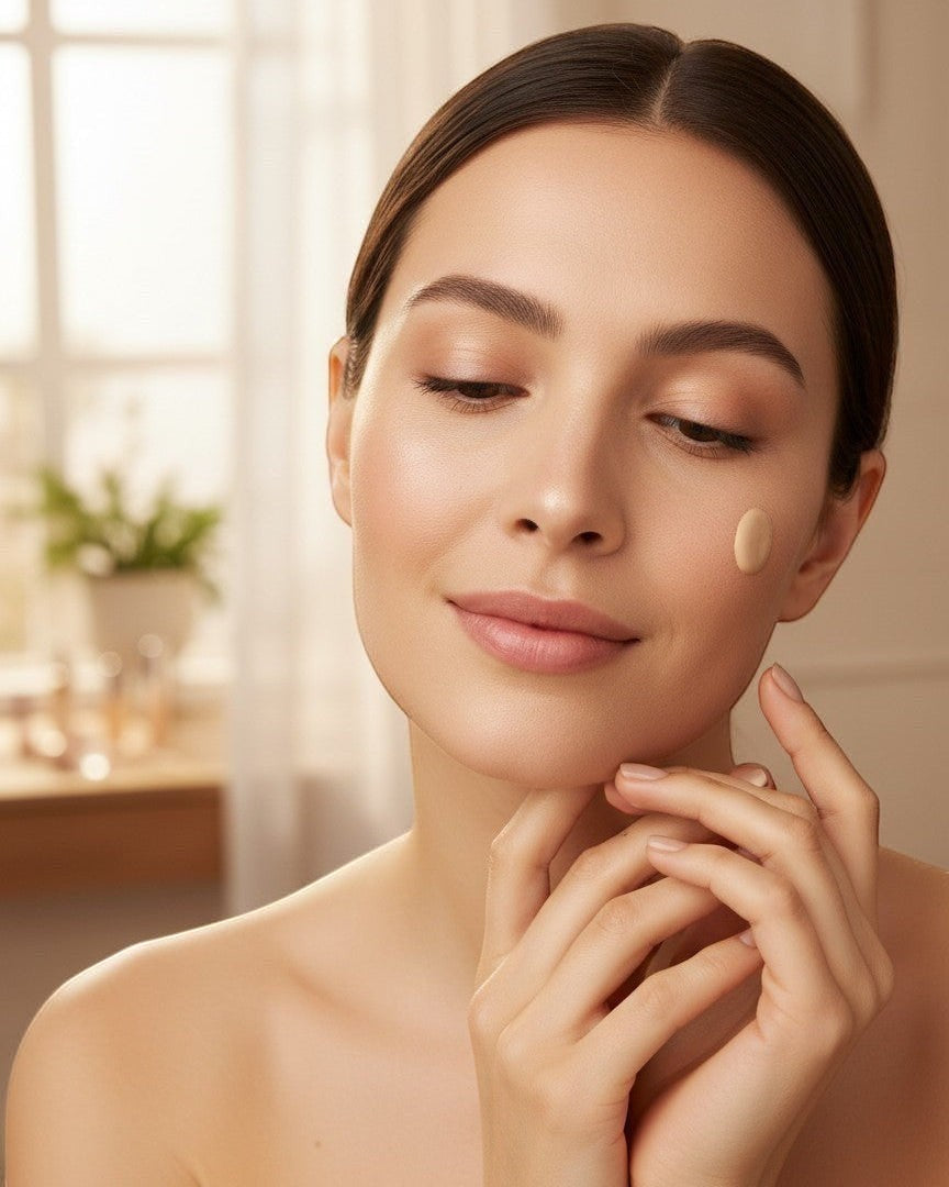 Calla Lily Cosmetics Lisbon Foundation in medium beige, a vegan, oil-free liquid foundation with botanical extracts.