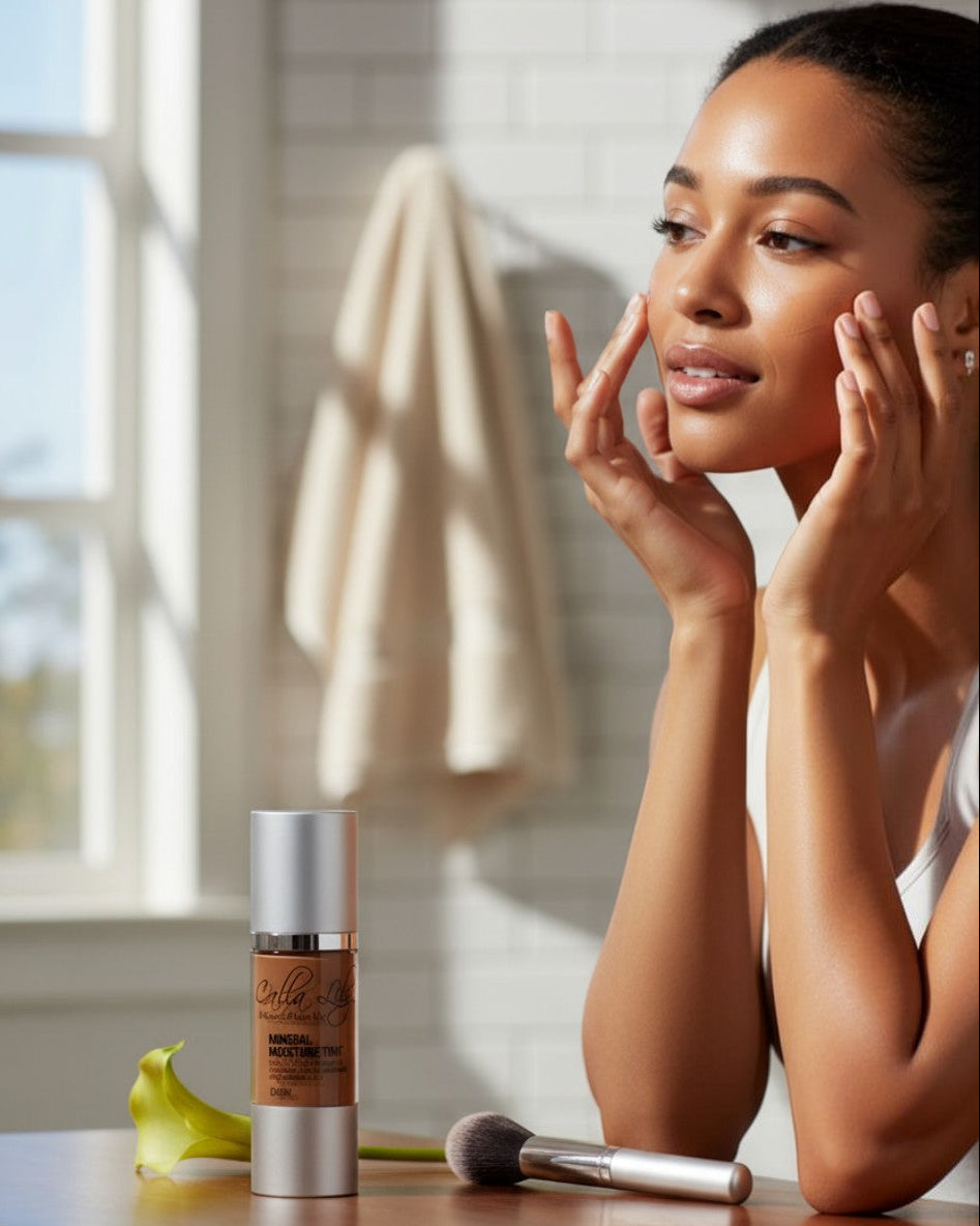 Calla Lily Cosmetics Mineral Moisture Tint in Dark shade, a sheer, hydrating foundation with anti-aging ingredients.