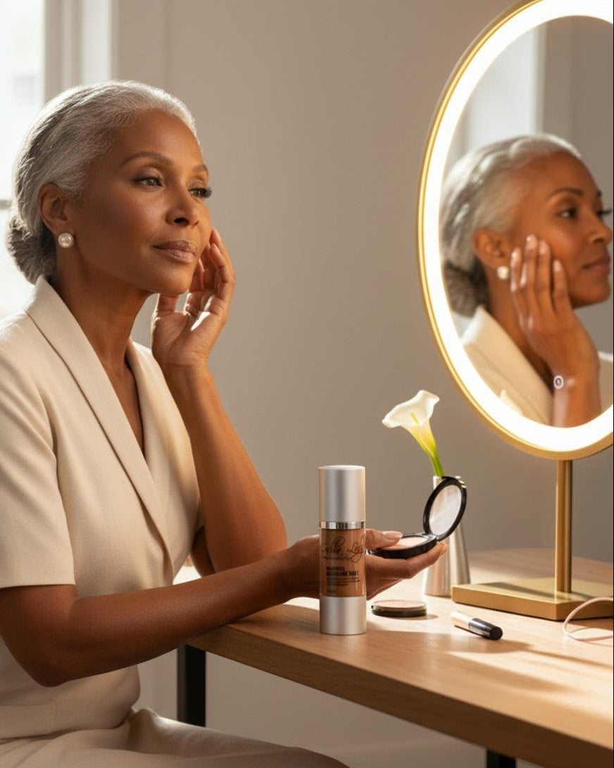 Calla Lily Cosmetics Mineral Moisture Tint in Dark shade, a rich brown liquid foundation with a silver pump dispenser.