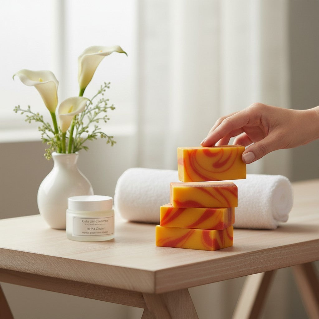 Calla Lily Cosmetics Monkey Farts bar soap with swirls of orange and yellow, a jar of cream, and white calla lilies.
