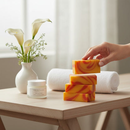 Calla Lily Cosmetics Monkey Farts bar soap with swirls of orange and yellow, a jar of cream, and white calla lilies.