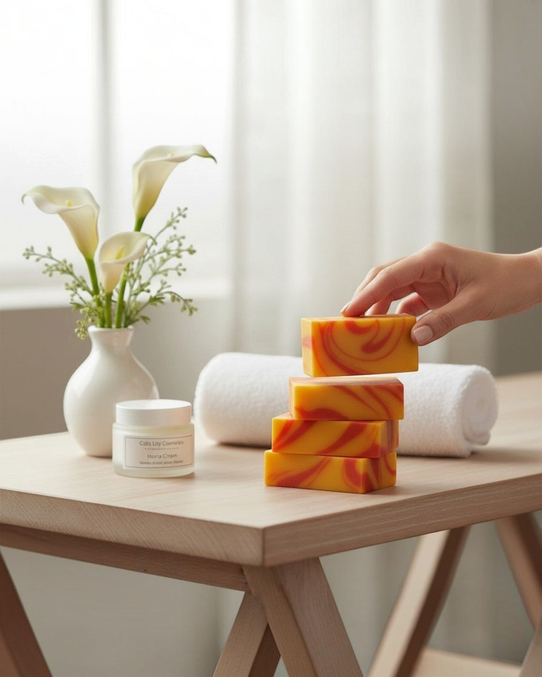 Calla Lily Cosmetics Monkey Farts bar soap with swirls of orange and yellow, a jar of cream, and white calla lilies.