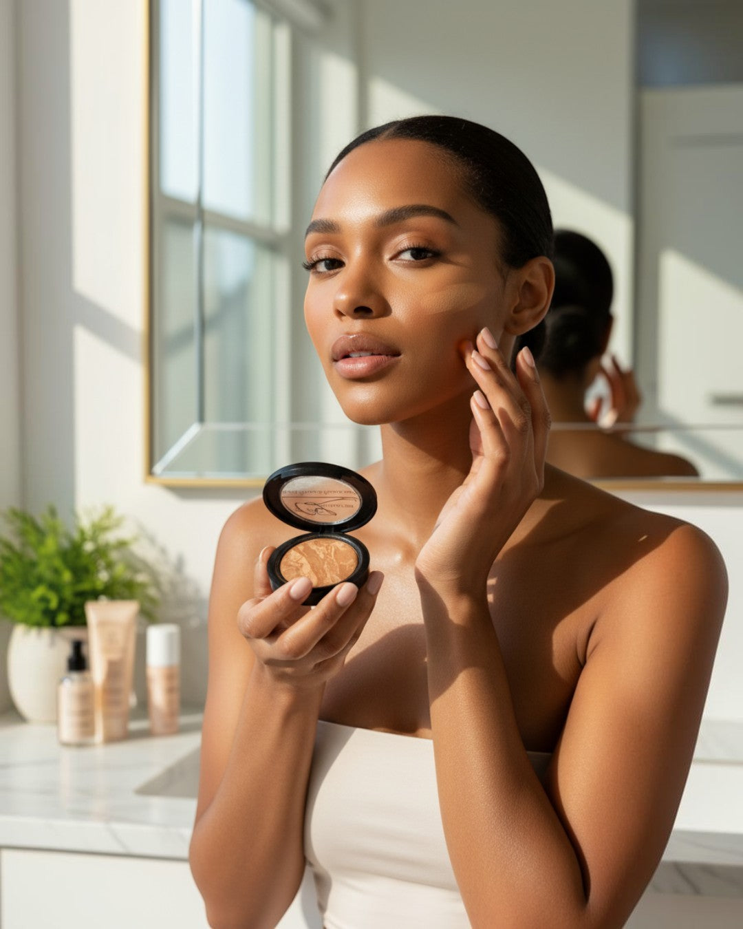 Calla Lily Cosmetics Moroccan Beige Baked Mineral Foundation for dark tan skin, marbled bronze and gold tones.