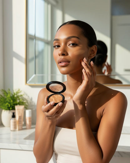 Calla Lily Cosmetics Moroccan Beige Baked Mineral Foundation for dark tan skin, marbled bronze and gold tones.