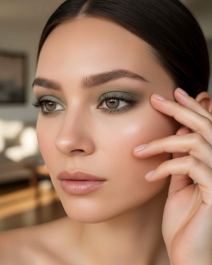 Calla Lily Cosmetics Night Tide Matte Shadow in neutral gray green on eyelid.
