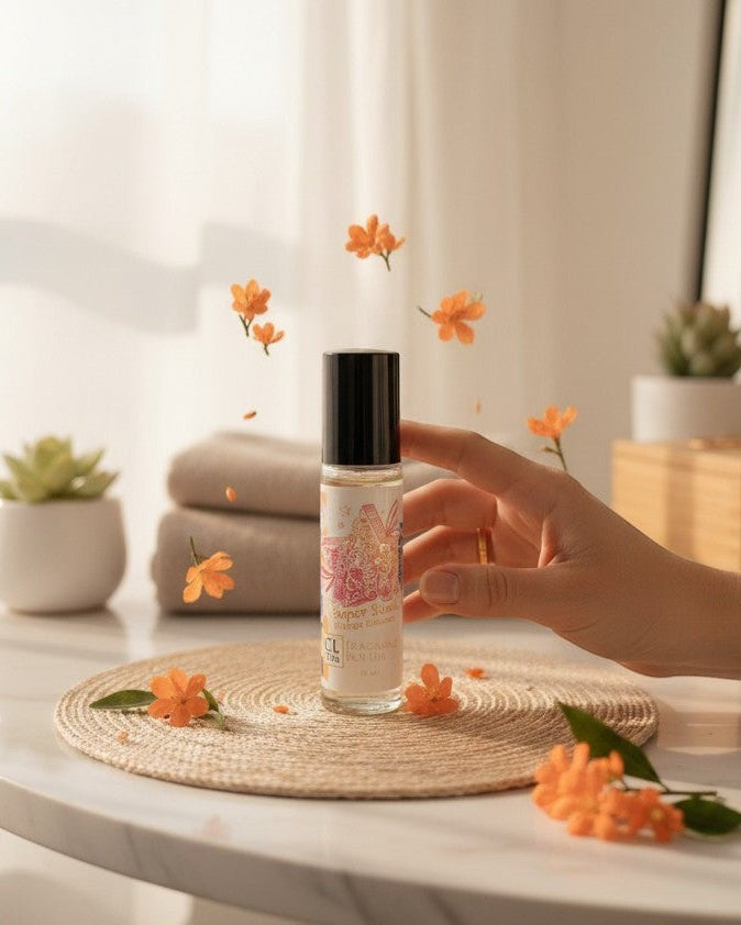 Calla Lily Cosmetics Orange Blossom Super Star fragrance roller, 10ml. Floral and citrus scent in a glass bottle with a black cap.