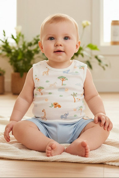 Calla Lily Cosmetics + CL kids organic cotton 3pc baby outfit: striped polo bodysuit, safari print sleeveless bodysuit, and blue shorts.