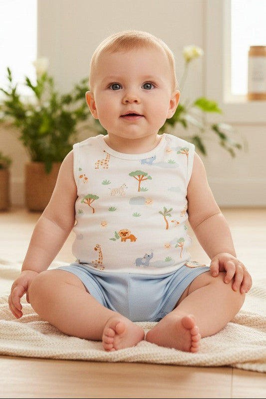 Calla Lily Cosmetics + CL kids organic cotton 3pc baby outfit: striped polo bodysuit, safari print sleeveless bodysuit, and blue shorts.