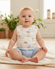 Calla Lily Cosmetics + CL kids organic cotton 3pc baby outfit: striped polo bodysuit, safari print sleeveless bodysuit, and blue shorts.