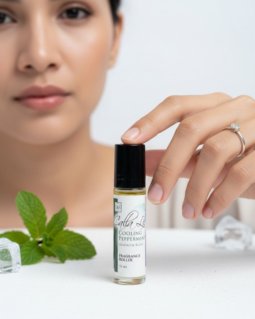 Calla Lily Cosmetics Cooling Peppermint Headache Relief Fragrance Roller 10ml bottle with a black cap.