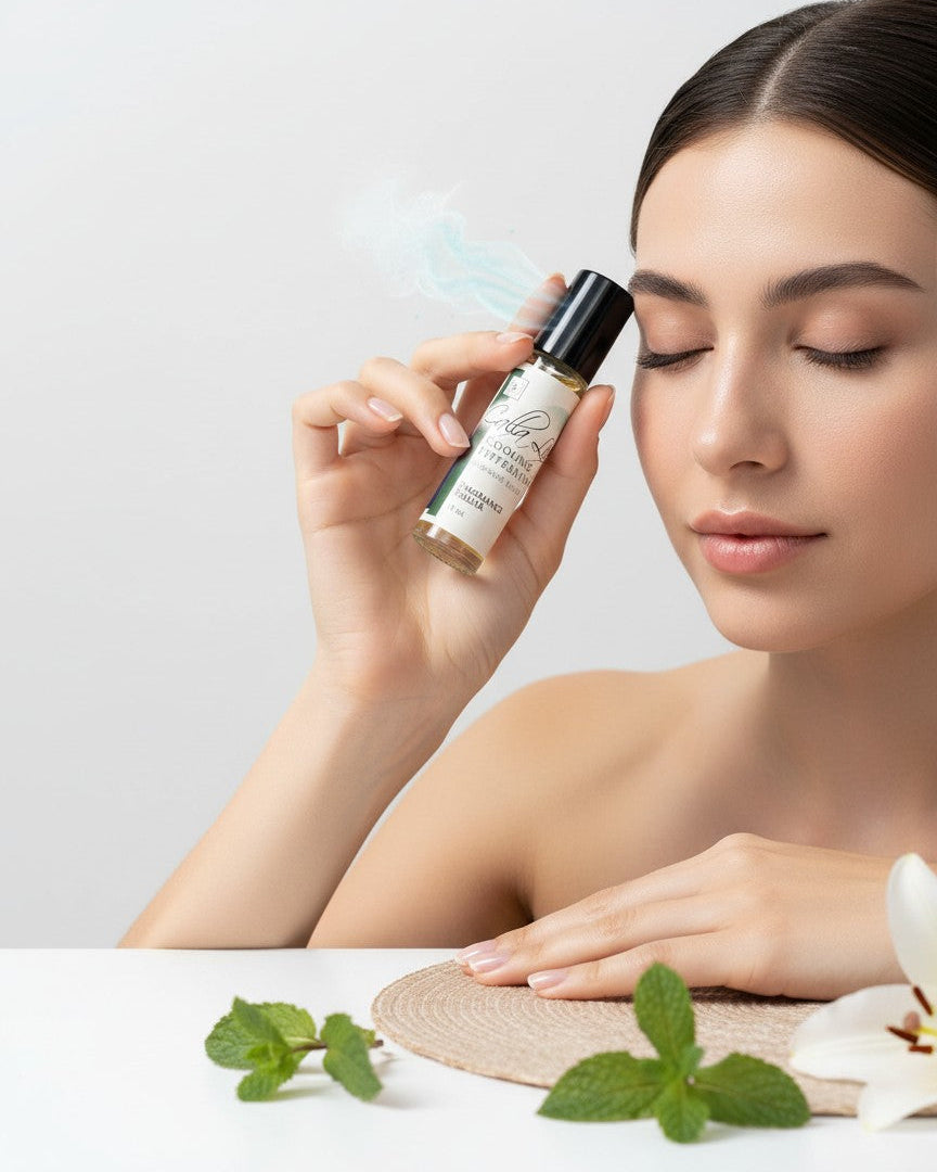 Calla Lily Cosmetics Cooling Peppermint Headache Relief Fragrance Roller 10ml. Clear glass bottle with a black cap, containing pale yellow oil.