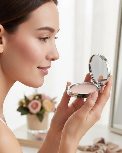 Calla Lily Cosmetics pressed mineral foundation in Porcelain, a very fair shade with pink undertones, in a silver compact.