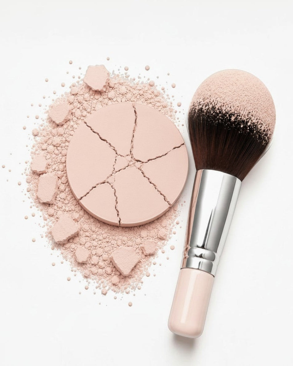 Calla Lily Cosmetics Porcelain Pressed Mineral Foundation, very fair with pink undertones, with a makeup brush.