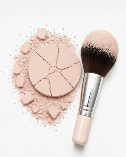 Calla Lily Cosmetics Porcelain Pressed Mineral Foundation, very fair with pink undertones, with a makeup brush.