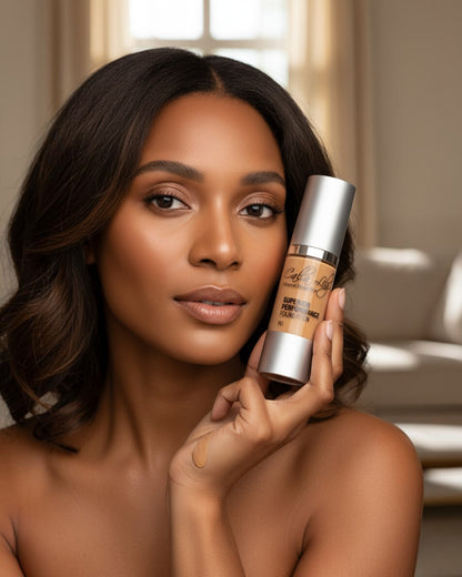 Calla Lily Cosmetics Superior Performance Foundation in Rio, a dark yellow tan beige liquid makeup with silver pump dispenser.