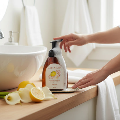 Calla Lily Sugared Lemon foaming hand soap in an 8oz amber bottle with a black pump. Sulfate-free.