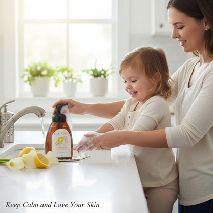 Calla Lily Cosmetics Sugared Lemon foaming hand soap, sulfate-free, in an 8oz amber bottle with a pump dispensing foam.
