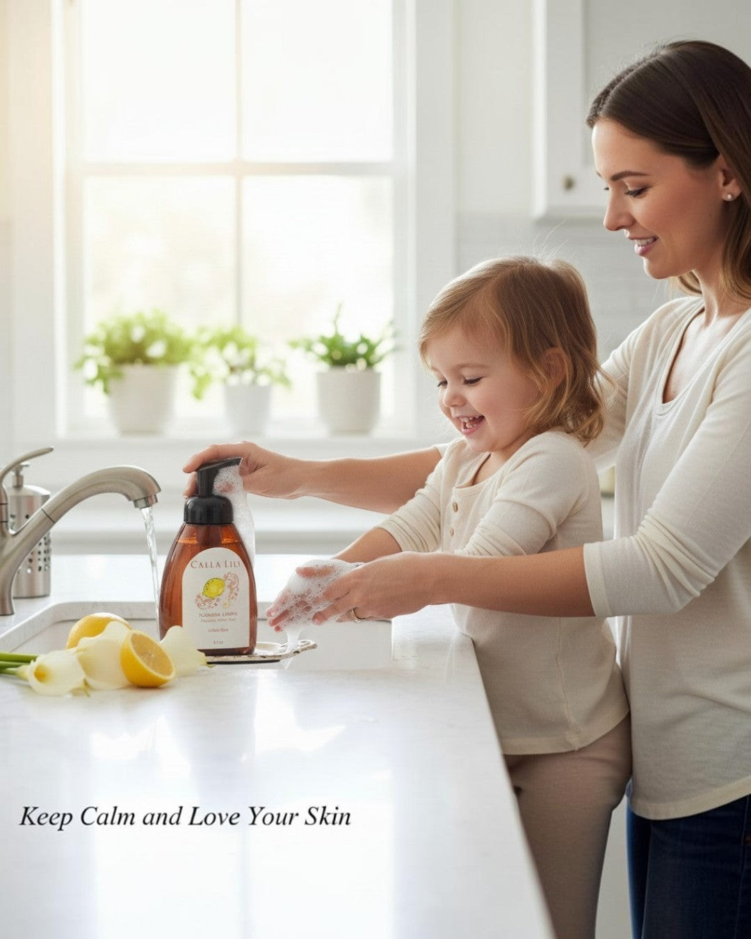 Calla Lily Cosmetics Sugared Lemon foaming hand soap, sulfate-free, in an 8oz amber bottle with a pump dispensing foam.