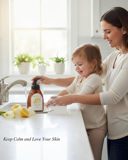 Calla Lily Cosmetics Sugared Lemon foaming hand soap, sulfate-free, in an 8oz amber bottle with a pump dispensing foam.