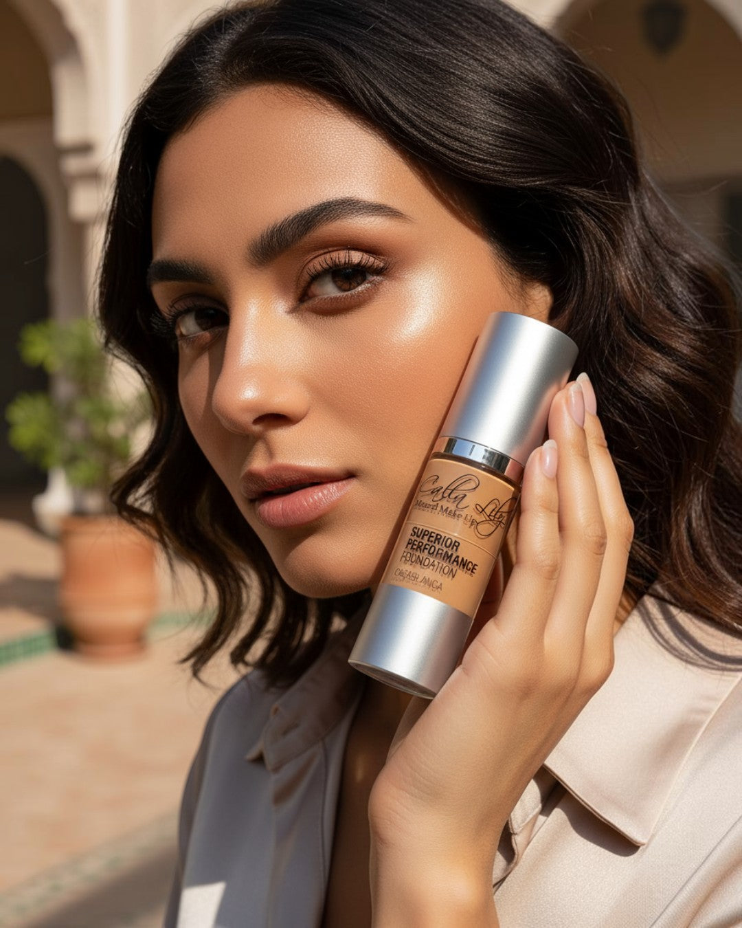Calla Lily Cosmetics Superior Performance Foundation in Casablanca, a yellow beige liquid mineral makeup with a silver pump dispenser.