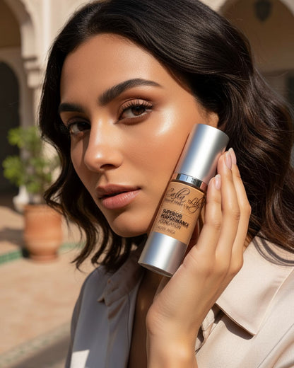 Calla Lily Cosmetics Superior Performance Foundation in Casablanca, a yellow beige liquid mineral makeup with a silver pump dispenser.