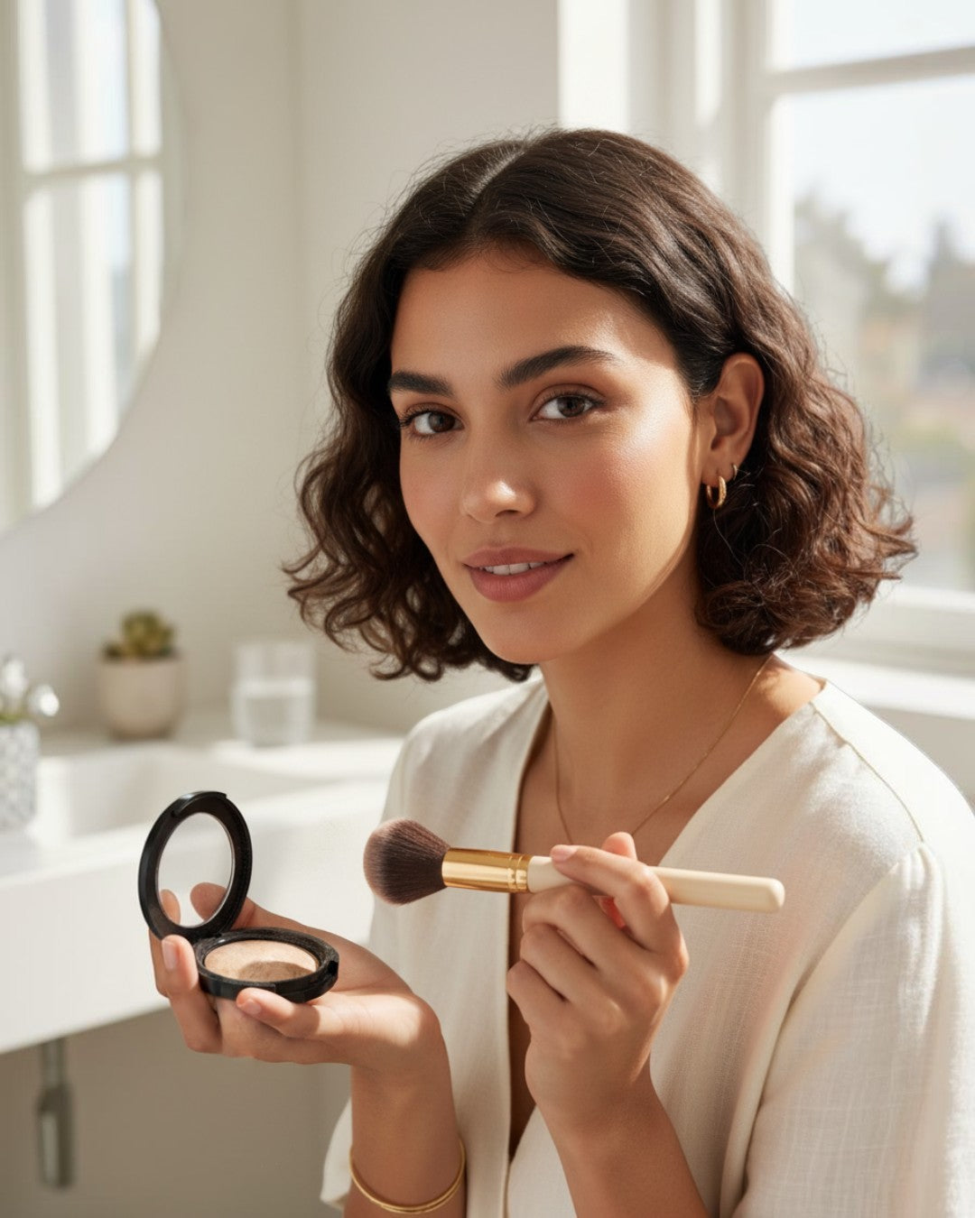 Calla Lily Cosmetics Tranquil Beige Baked Mineral Foundation in Medium Olive, swirled beige and gold tones.